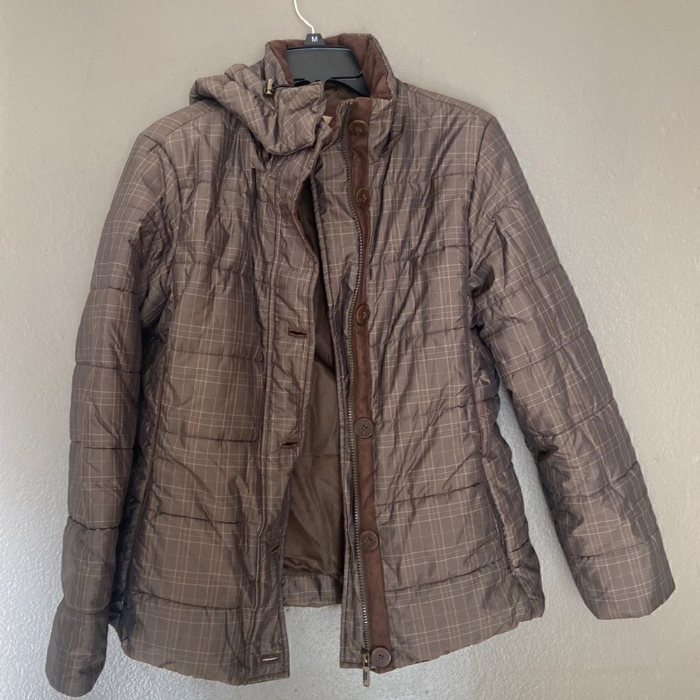 Womens RFF Rainforest Hooded Puffer Jacket Briwn Plaid Size Medium